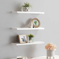 three white shelves with plants and pictures on them