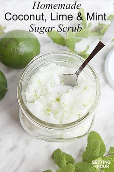 This DIY Lime Mint Sugar Scrub smells like a vacation in a jar! Great gift idea! Rich, moisturizing coconut oil mixed with exfoliating sugar not only feels fabulous but gets rid of flaky skin in a jiffy! www.settingforfour.com Sugar Scrub Diy, Diy Scrub, Scrub Recipe