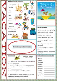 the vacation worksheet is shown in red and blue with words that describe what to do