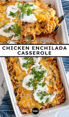 chicken enchilada casserole with sour cream sauce and cilantro