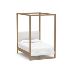 a bed with a wooden frame and white sheets on it's headboard, in front of a white background