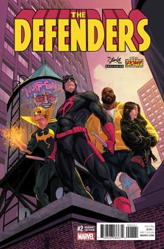 the defenders comic book cover with an image of two superheros standing on top of a building