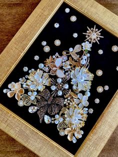 a close up of a framed object with brooches