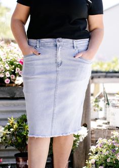 Light wash denim is a must have for any Spring/Summer wardrobe! Made from a soft and stretchy denim, this raw hem denim skirt is on trend! The knee length 'Lily' brings all the style and still keeps it classy with a flattering, modest fit! 95% Cotton/5% Spandex Wash Cold Gentle Cycle Hang to Dry Light Distressing Soft, Stretchy Denim Model A Height 5'6" | Wearing Size 6 Model B Height 5'5" | Wearing Size 14 Please carefully measure a similar item before placing your order to allow for the best f Denim Skirts Knee Length, Spring Summer Wardrobe, High Waisted Denim Skirt, Modest Fits, Keep It Classy, Printed Midi Skirt, Knee Length Skirt, Light Wash Denim, Light Denim