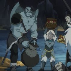 an animated scene with three people and one is holding up a plate in front of them