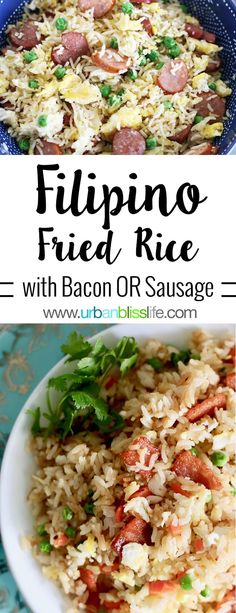 a plate with rice, sausage and vegetables in it next to the words flupino fried