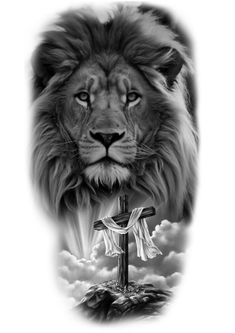 a lion with a cross and clouds in the background