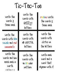 tic - tac - toe game with four different words in each one, including the