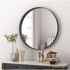 NXHOME 32 in. W x 32 in. H Bathroom Vanity Round Framed Wall Mirror.This decorative round mirror can be hung nicely on a wall, using bevel cutting technology to make the surface of the mirror smooth and beautiful. The color of black makes the overall decoration look more gorgeous and luxurious, which is a good choice for the living room mirror. Size: 32*32. Round Vanity Mirror, Black Round Mirror, Round Vanity, Modern Bathroom Mirrors, Farmhouse Mirrors, Vanity Wall Mirror, Perfect Bathroom, Hanging Wall Mirror, Mirror Wall Bathroom