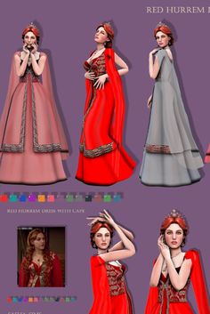 four different types of dresses for women in red, grey and pink colors with the same color