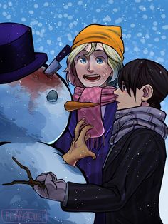 a man and woman standing next to a snowman in front of a blue sky