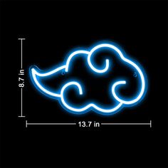 a neon blue cloud on a black background with measurements for the size and height of it