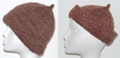 two knitted hats on mannequin heads, one brown and the other white