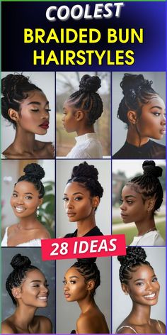 Elevate your hair game with 29 breathtaking braided bun hairstyles. These chic updos combine the intricate beauty of braids with the polished elegance of buns. From romantic crown braids to sleek low buns, discover a style for every occasion. Master the art of weaving and pinning to create flawless looks that last all day. Whether you're attending a wedding or spicing up your everyday style, these versatile hairstyles offer endless possibilities for self-expression and sophistication. Cornrow Hairstyles In A Bun, Braiding Bun Hairstyles, Formal Bun Hairstyles For Black Women, Braids Into A Bun Natural Hair, Braid Bun Styles For Black Hair, Updo Styles For Black Women Braids, Bun Braids For Black Women, Braid Styles For Wedding, Boho Braids Bun