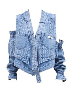 Material: CottonModel: 174cm/45kg wears size M Shoulder Length Bust S 47cm 43cm 100cm M 49cm 45cm 104cm Jean Recycle Ideas, Denim Waistcoat, Denim Inspiration, Set Outfits, Western Jacket, Upcycled Fashion, Upcycled Denim, Denim Outfit, Blue Jean