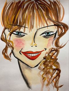 a drawing of a woman's face with brown hair and blue eyes, on white paper