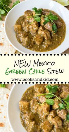 two white bowls filled with green chile stew and garnished with cilantro