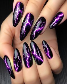 Dark Purple Halloween Nail Designs, Glow In The Dark Nails Acrylic Designs, Purple Lightning Tattoo, Black Lightning Nails, Purple Lightning Nails, Glow In The Dark Nail Ideas, Lightning Nails Designs, Lightning Bolt Nail Art, Purple And Black Nails Acrylic