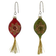 pair of red and green glass ornaments with gold trimmings on hooks, hanging from ear wires