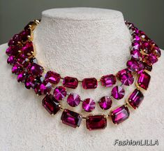 anna wintour necklace, Swarovski fuchsia octagon necklace,Georgian paste,fuchsia rivoli riviere,pink statement necklace,mother of bride This group of Anna Wintour style statement necklaces are made with Swarovski medium octagon 14x10mm, round rivoli 12mm, large octagon 18x13mm fuchsia pink crystal rhinestones.  They are set in different color settings that add interest to the color combination.  You can wear them separately or all together. Their versatility makes them perfect for parties and ot Champagne Necklace, Anna Wintour Style, Red Crystal Necklace, Pink Statement Necklace, Prom Necklaces, Crystal Statement Necklace, Necklace Swarovski, Swarovski Crystal Necklace, Crystal Necklaces