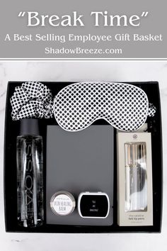 the best selling employee gift basket for him and her includes an eye mask, cologne, perfume