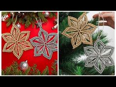 two pictures of christmas ornaments hanging from a tree and one has an ornament on it