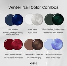 True Winter Nail Polish, Winter Nail Palette, December Color Nails, Deep Winter Nail Polish, Opi Christmas Nails, Two Colour Nails Color Combos, Nail Colour Combination, Christmas Nail Colors 2024, Winter Color Palette Nails