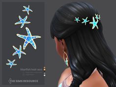 a woman with long black hair wearing blue and white stars in her hair is shown next to an image of starfish hair clips