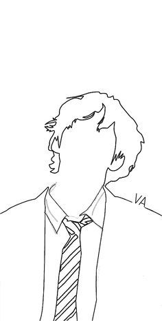 a black and white drawing of a man in a suit with his head turned to the side