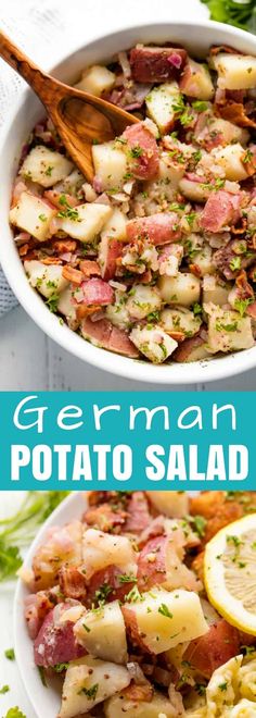 two bowls filled with potato salad and garnished with parsley