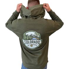 A hooded sweatshirt version of our 2023 best selling Woodland t-shirt, this Colorado hoodie is an awesome combination of organic outdoor colors and ColoradoCool's bold design style. Features a sweet outdoor Colorado landscape, big "COLORADO" text, Colorado's established date and a nice subtle topo map in the background. The smaller design on the front is perfect for those who like to put into practice a little bit of that "mullet approach", business in the front and party in the back. Snag this