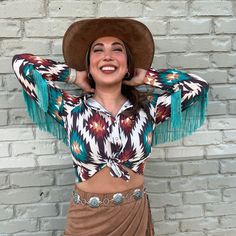 Perfect For Rodeo! Fringe Suede Skirt Available Too! Sheer Embroidered Top, Fringe Blouse, Pink Tye Dye, Western Blouse, Cowgirl Dresses, Black Lace Bodysuit, Black Floral Top, Western Tops, Suede Skirt