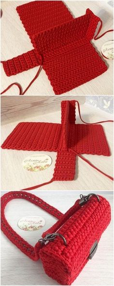 the crocheted purse is being made with red yarn