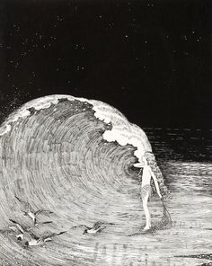 a drawing of a person standing in front of a large wave with birds flying around it