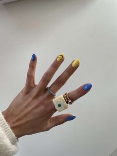 Blue Yellow Manicure, Blue Yellow Green Nails, Nail Blue And Yellow, Yellow And Blue Nail Ideas, Blue Yellow Nail Art, Blue White Yellow Nails, Yellow Valentine Nails, Blue Yellow Nails Designs, Blue And Yellow Nails Acrylic