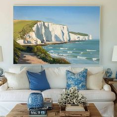 Beautiful White Cliff Oil Painting Oversize Horizontal Landscape Art Seaside Art on Canvas Abstract Beach Art, Seaside Art, Japandi Interior, Modern Canvas Art, Linen Canvas, Soothing Colors, Gallery Frame, Interior Ideas, Beach Art