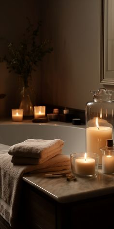 A serene spa-like bathroom setting with amber jar scented candles, soft towels, and bath salts, perfect for unwinding after a long day. Personal Bathroom, Cozy Bath, Bath Aesthetic, Amber Jar Candle, Bathtub Caddy, Spa Candle, Bathroom Oasis, Meditation Candles, Bathroom Candles