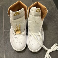 Never Used, New Nike Gold High-top Sneakers, Nike Gold Leather Custom Sneakers, Gold Nike Leather Custom Sneakers, Gold Leather Nike Custom Sneakers, Nike High-top Custom Sneakers With Perforations, Nike Gold High-top Custom Sneakers, Nike Luxury Sneakers, Luxury Nike Round Toe Sneakers, Luxury Nike Sneakers With Round Toe