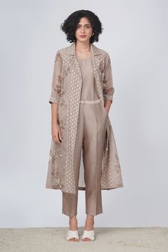 Beige striped longline jacket with sakura prints Comes with straight pant and inner slip. - Aza Fashions Elegant Spring Nehru Jacket In Straight Kurta Style, Elegant Nehru Jacket For Spring, Elegant Spring Nehru Jacket, Elegant Straight Kurta Pant Set For Spring, Elegant Front Open Sets For Spring, Longline Jacket, Floral Jacket, Print Jacket, Pant Set