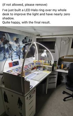 an office desk with lots of items on it, and the caption reads if not allowed, please remove he just built a led ring over my whole head