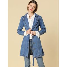 Add some elegance to your ensemble courtesy of this jacket that boasts a denim design and a long, flowing fit. It's cut with structured denim that has front pockets, a notched collar, and a belt at the waist. A wardrobe staple to see you through the season, it is an effortless look for any ensemble. Wear them on those tricky in-between-season days and pair them with straight-leg jeans and ankle boots. Blue Jeans With Buttoned Pockets For Fall, Fitted Denim Blue Outerwear With Notch Lapel, Denim Blue Single Breasted Denim Jacket, Spring Denim Jacket With Notch Lapel And Button Closure, Notch Lapel Denim Blue Outerwear, Blue Single-breasted Denim Jacket With Lapel Collar, Blue Single Breasted Denim Jacket With Lapel Collar, Denim Blue Single Breasted Outerwear With Lapel Collar, Single Breasted Denim Blue Cotton Outerwear