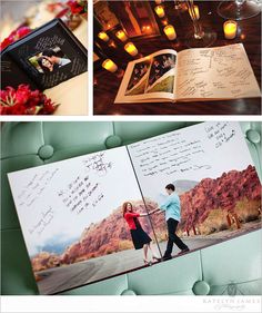 an open book on a table with candles and pictures