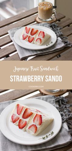 two slices of strawberry sandwhich on white plates