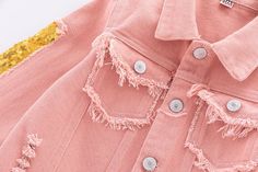 Bestselling beautiful and unique rainbow sequin light pink denim jacket! Light pink denim jacket with beautiful gold sequins on the sleeves and rainbow on the back. Silver button front and sleeves. Denim fringe and worn patches on the front, bottom and pockets of jacket. Girls' sizes 5T-12Y. *limited stock* Good things take time: Quicker shipping: this jacket ships directly from our overseas warehouse. Once shipped, it will arrive in your mailbox in approximately 7-12 business days. Sparkle Jeans, Denim Fringe, Pink Denim Jacket, Jacket For Girls, Rainbow Sparkle, Jean Jacket For Girls, Pink Denim, Good Things Take Time, Pink Rainbow