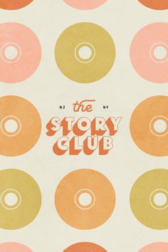 the story club logo surrounded by many different colored donuts on a white paper background