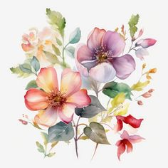 watercolor painting of flowers and leaves on a white background