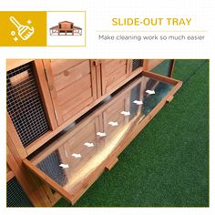 an advertisement for a chicken coop with the words slide - out tray