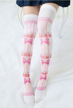 Lolita Strawberry Bow Knee Thigh High Socks Stockings sold by Violetlace Boutique. Shop more products from Violetlace Boutique on Storenvy, the home of independent small businesses all over the world. Bow Strawberry, Kawaii Stockings, Style Development, Sweet Fruit, Strawberry Pattern, Pastel Outfit, Dress Drawing, Princess Girl, Thigh High Socks