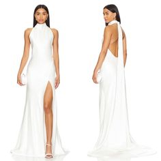 two models in white dresses, one wearing a high neck dress and the other with a slit