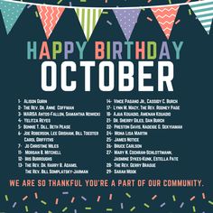 a birthday party poster with confetti and streamers on the banner reads, happy birthday october we are so thank you're part of our community